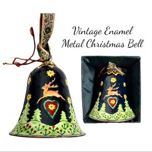 Beautiful Vintage Enamel Metal Christmas Bell In Velvet Lined Box